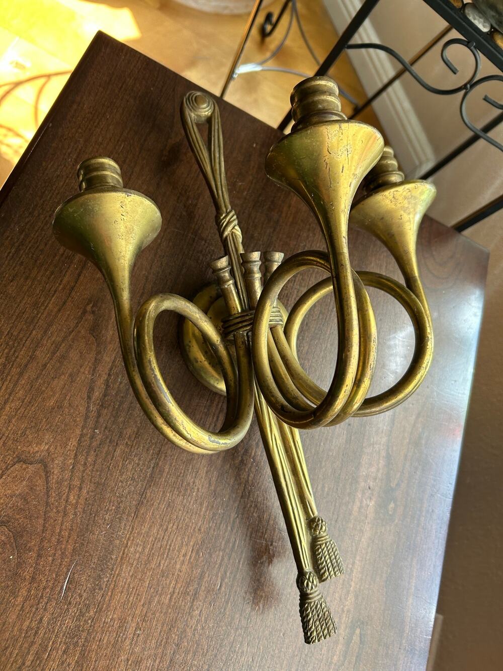 3 Arm Large Vintage Brass Tassel Hunting Horn Wall Sconces heavy